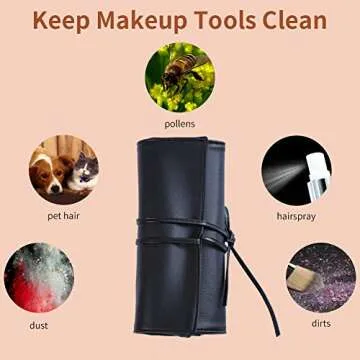 Makeup Brush Rolling Case Pouch Holder-Cosmetic Bag-Makeup Brush Organizer-Makeup Artist Case Portable-Up to 16 Pockets-For Travel & Home Gift Cosmetics Brushes PU Leather Case (Black)
