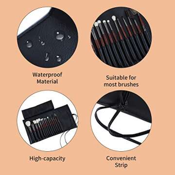 Makeup Brush Rolling Case Pouch Holder-Cosmetic Bag-Makeup Brush Organizer-Makeup Artist Case Portable-Up to 16 Pockets-For Travel & Home Gift Cosmetics Brushes PU Leather Case (Black)