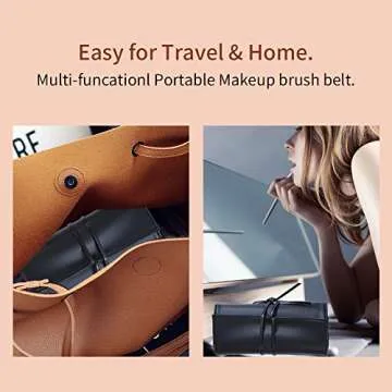 Makeup Brush Rolling Case Pouch Holder-Cosmetic Bag-Makeup Brush Organizer-Makeup Artist Case Portable-Up to 16 Pockets-For Travel & Home Gift Cosmetics Brushes PU Leather Case (Black)