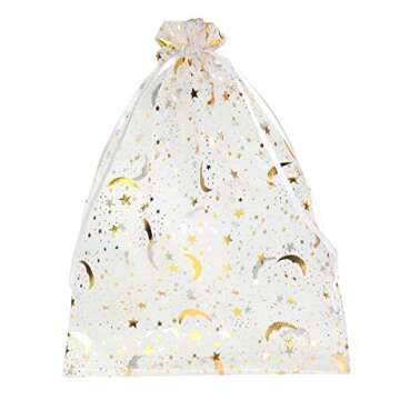 SUNGULF 100Pcs Sheer Organza Drawstring Pouches Stars And Moon Wedding Party Favor Jewelry Candy Gif...