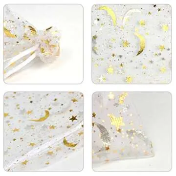 SUNGULF 100Pcs Sheer Organza Drawstring Pouches Stars And Moon Wedding Party Favor Jewelry Candy Gift Bags (6x9 inch, White)