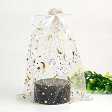 SUNGULF 100Pcs Sheer Organza Drawstring Pouches Stars And Moon Wedding Party Favor Jewelry Candy Gift Bags (6x9 inch, White)