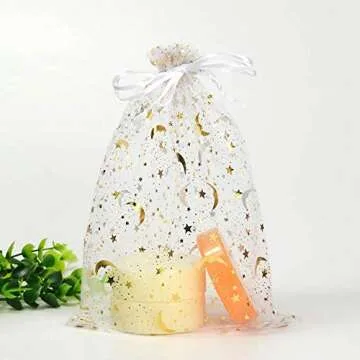 SUNGULF 100Pcs Sheer Organza Drawstring Pouches Stars And Moon Wedding Party Favor Jewelry Candy Gift Bags (6x9 inch, White)