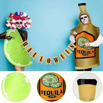 HooLing 2 Pcs Couples Halloween Costumes for Adults Tequila Bottle and Lime Slice Drink Suit Outfits Apparel Accessories for Halloween Cosplay Dress up Party