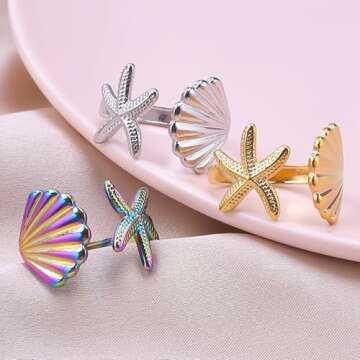 Shell Starfish Adjustable Ring for Women - Ocean Inspired Statement Jewelry