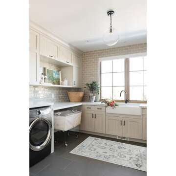 Cream Blue Oushak Rug, Modern Rugs, Vintage, Turkish, Eclectic, Floral, Pastel, Washable, Small Thro...