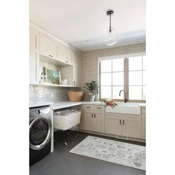 Cream Blue Oushak Rug, Modern Rugs, Vintage, Turkish, Eclectic, Floral, Pastel, Washable, Small Thro...