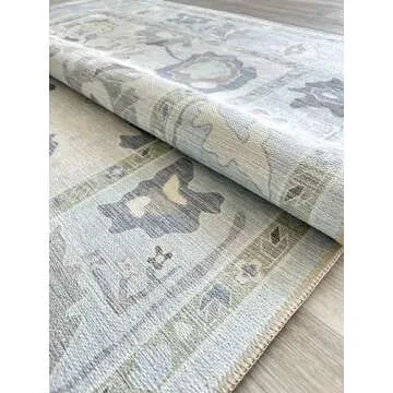 Cream Blue Oushak Rug, Modern Rugs, Vintage, Turkish, Eclectic, Floral, Pastel, Washable, Small Throw, Accent Area Rug for Living Room, Bedroom, Kitchen, Bathroom, 2'5"x4'9"