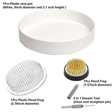 Japanese Ikebana Kit Floral Frog Flower Container with 1Pcs 9inch Plastic Bowl Vase Pot, 1Pcs 1.57inch Kenzan, 1Pcs 2.76inch Plastic Kenzan, 1Pcs 2 in 1 Kenzan Tool-Clean and Straighten Pin (Set B)