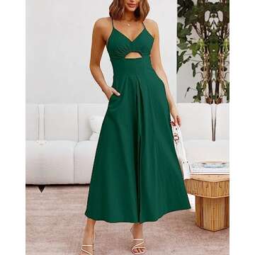 BTFBM Women 2024 Summer Spaghetti Strap Dress Sleeveless V Neck Cutout Slit Casual Beach Party Maxi Dresses with Pockets(Solid Dark Green, Medium)