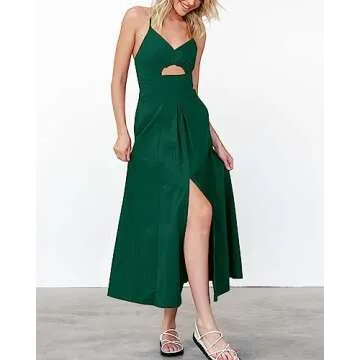 BTFBM Women 2024 Summer Spaghetti Strap Dress Sleeveless V Neck Cutout Slit Casual Beach Party Maxi Dresses with Pockets(Solid Dark Green, Medium)