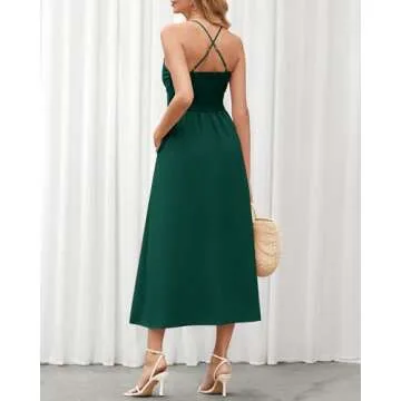 BTFBM Women 2024 Summer Spaghetti Strap Dress Sleeveless V Neck Cutout Slit Casual Beach Party Maxi Dresses with Pockets(Solid Dark Green, Medium)