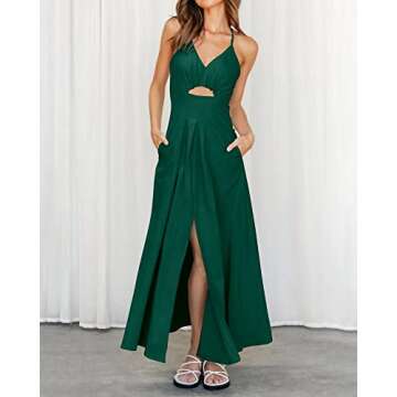 BTFBM Women 2024 Summer Spaghetti Strap Dress Sleeveless V Neck Cutout Slit Casual Beach Party Maxi Dresses with Pockets(Solid Dark Green, Medium)