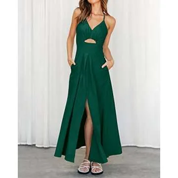 BTFBM Women 2024 Summer Spaghetti Strap Dress Sleeveless V Neck Cutout Slit Casual Beach Party Maxi Dresses with Pockets(Solid Dark Green, Medium)