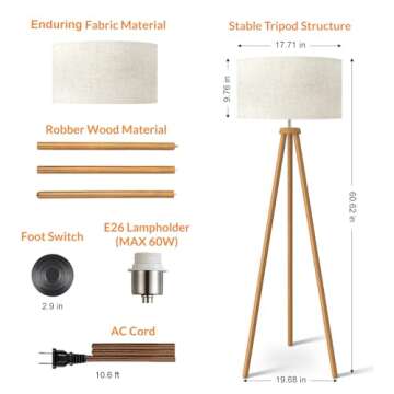 LEPOWER Wood Tripod Floor Lamp, Mid Century Standing Lamp for Living Room, Flaxen Lamp Shade, Modern Design Standing Lamp with E26 Lamp Base, Tall Floor Lamp for Bedroom, Study Room and Office Brown