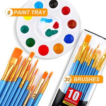 AROIC Acrylic Painting Set, 6 White Palettes and 3 Bags of 30 Brushes, Nylon Brush Head, Suitable for Oil Painting, Watercolor Painting, etc., Perfect Art Painting Set.