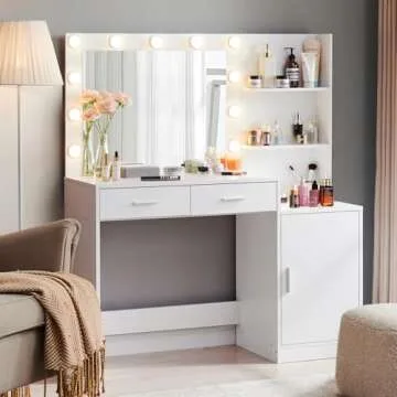 MIRROTOWEL 46.7IN Vanity Desk with Mirror and Lights, Dressing Table with 2 Large Drawer&Large Verti...