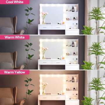 MIRROTOWEL 46.7IN Vanity Desk with Mirror and Lights, Dressing Table with 2 Large Drawer&Large Vertical Organizer, 3 Level Dresser & 3 Lighting Modes Adjustable Brightness, Suitable for Bedroom(white)