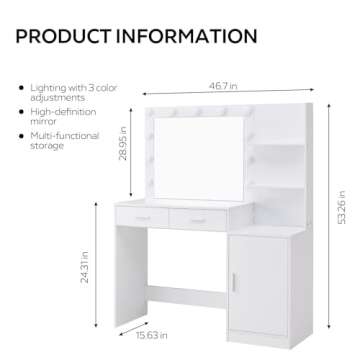 MIRROTOWEL 46.7IN Vanity Desk with Mirror and Lights, Dressing Table with 2 Large Drawer&Large Vertical Organizer, 3 Level Dresser & 3 Lighting Modes Adjustable Brightness, Suitable for Bedroom(white)
