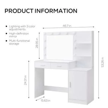 MIRROTOWEL 46.7IN Vanity Desk with Mirror and Lights, Dressing Table with 2 Large Drawer&Large Vertical Organizer, 3 Level Dresser & 3 Lighting Modes Adjustable Brightness, Suitable for Bedroom(white)