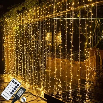 MAGGIFT 304 LED Curtain String Lights, 9.8 x 9.8 ft, 8 Modes Plug in Fairy String Light with Remote ...