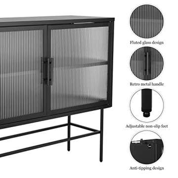 IKAYAA Double Fluted Glass Door Storage Cabinet Metal Sideboard Buffet Cabinet with Adjustable Shelf 35.7''H Kitchen Cupboard Accent Furniture Console Table forEntryway Living Dining Room