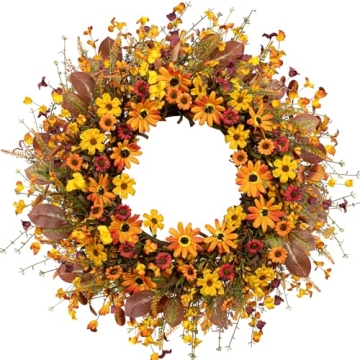 VioletEverGarden Fall Wreaths for Front Door 22 Inch Artificial Fall Wreath Orange Autumn Wreath wit...