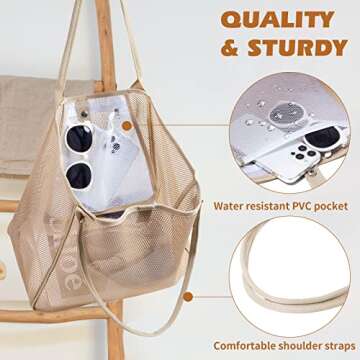 Seaonar Beach Bag for Women - 28L Beach Tote Mesh Beach Bag with Waterproof Pocket for Beach Pool Travel Vacation Shopping - Light Khaki