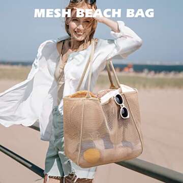 Seaonar Beach Bag for Women - 28L Beach Tote Mesh Beach Bag with Waterproof Pocket for Beach Pool Travel Vacation Shopping - Light Khaki