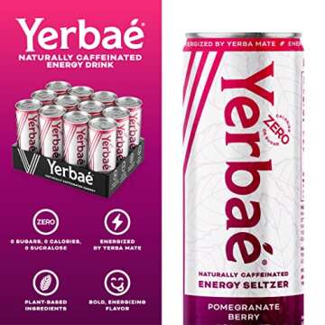 Yerbaé Energy Seltzer - Pomegranate Berry, 0 Sugar, 0 Calories, 0 Carbs. Yerbae is Energized by Yerba Mate, Naturally Caffeinated & Plant-Based, Healthy Alternative to Coffee and Sugary Sodas, 12oz cans (12 Pack)