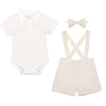 Baby Boys Formal Suit Cake Smash Outfit 1st/2nd Birthday Party Romper Shirt + Suspenders Shorts Bib pants + Bowtie 3Pcs Set Summer Wedding Baptism Christening Clothes for Photo Shoot Khaki 6-12M