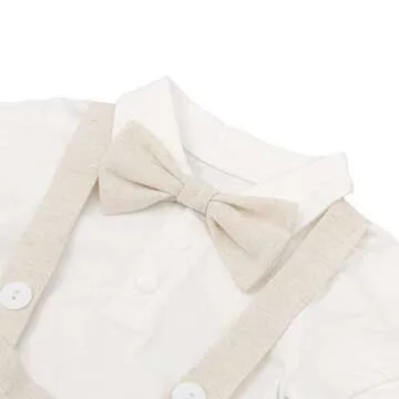 Baby Boys Formal Suit Cake Smash Outfit 1st/2nd Birthday Party Romper Shirt + Suspenders Shorts Bib pants + Bowtie 3Pcs Set Summer Wedding Baptism Christening Clothes for Photo Shoot Khaki 6-12M