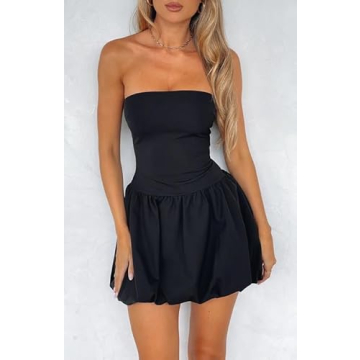 GRMLRPT Women Strapless Bubble Mini Dress Summer Party Wear