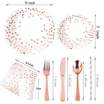 OUGOLD Rose Gold Decorations, 202 PCS Paper Plates Napkins Cups, Rose gold Tablecloths Plastic, Disp...