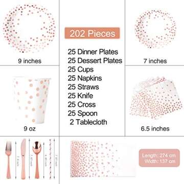OUGOLD Rose Gold Decorations, 202 PCS Paper Plates Napkins Cups, Rose gold Tablecloths Plastic, Disposable Dinnerware Polka Dot Party Supplies for Girls Or Women, Wedding Bridal Shower Birthday