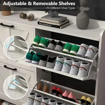 VINYUSE Shoe Cabinet with 4 Flip Drawers, Shoe Storage Cabinet for Entryway, Freestanding Hidden Shoe Cabinet Organizer with Open Storage, Narrow Shoe Rack with Legs, Oak White