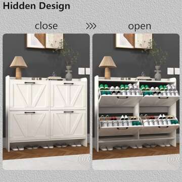 VINYUSE Shoe Cabinet with 4 Flip Drawers, Shoe Storage Cabinet for Entryway, Freestanding Hidden Shoe Cabinet Organizer with Open Storage, Narrow Shoe Rack with Legs, Oak White