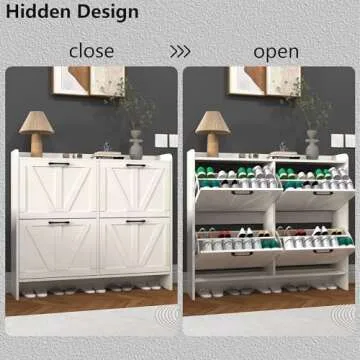 VINYUSE Shoe Cabinet with 4 Flip Drawers, Shoe Storage Cabinet for Entryway, Freestanding Hidden Shoe Cabinet Organizer with Open Storage, Narrow Shoe Rack with Legs, Oak White