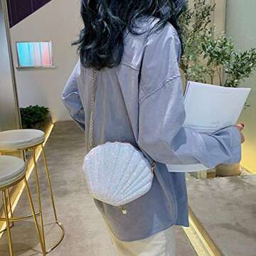 Van Caro Womens Glitter PU Leather Shell Pearl Cross-body Shoulder Bags Purse, White