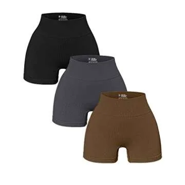 OQQ Women's 3 Piece Yoga Shorts Ribbed Seamless Workout High Waist Athletic Leggings Black Grey Coff...