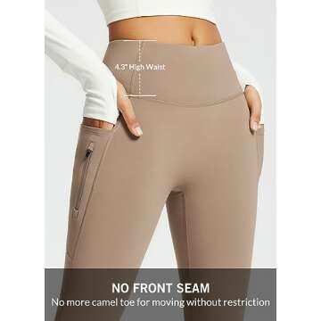 BALEAF Women's Fleece Lined Pants Winter Thermal Warm Yoga Pants Flare Leggings Waterproof Warm Bell Bottom Leggings with Pockets 29'' Cocoa Creme L