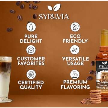 Syruvia Cinnamon Oatmeal Cookie Syrup – Cinnamon Oatmeal Cookie Coffee Syrup Flavor, 25.4 fl oz, Kosher, Gluten Free, Perfect for Coffee, Drinks, Soda, Desserts, and More, With Syrup Pump