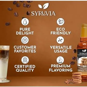 Syruvia Cinnamon Oatmeal Cookie Syrup – Cinnamon Oatmeal Cookie Coffee Syrup Flavor, 25.4 fl oz, Kosher, Gluten Free, Perfect for Coffee, Drinks, Soda, Desserts, and More, With Syrup Pump