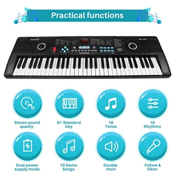 61 Key Keyboard Piano, Electric Piano Music Keyboard with Teaching Mode, Microphone, Sheet Music Stand and Power Supply, portable keyboard piano for Beginners