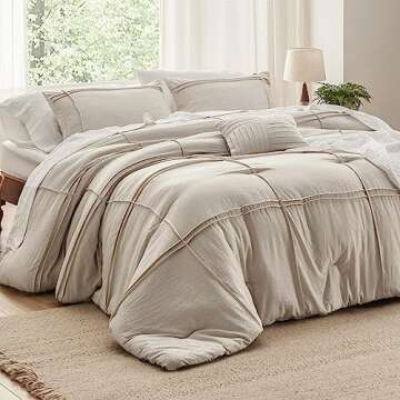 Bedsure California King Comforter Set - 4 Pieces Grid Pleat Bed Set, Beige Boho Bedding for All Seas...
