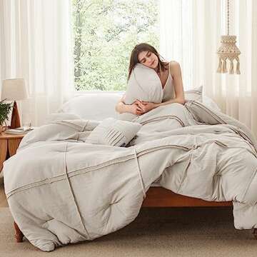 Bedsure California King Comforter Set - 4 Pieces Grid Pleat Bed Set, Beige Boho Bedding for All Season, 1 Soft Comforter, 2 Pillowcases, 1 Decorative Pillow