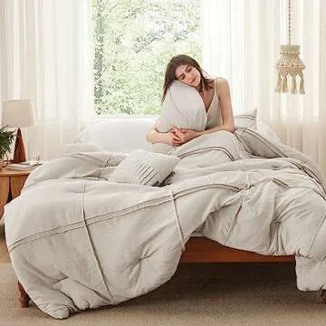 Bedsure California King Comforter Set - 4 Pieces Grid Pleat Bed Set, Beige Boho Bedding for All Season, 1 Soft Comforter, 2 Pillowcases, 1 Decorative Pillow