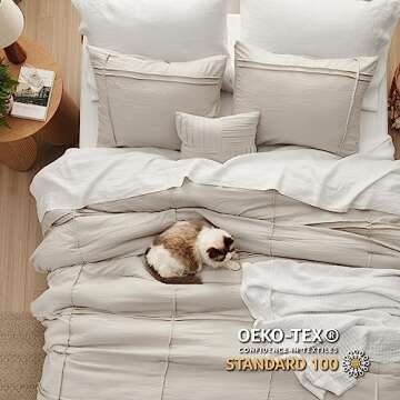 Bedsure California King Comforter Set - 4 Pieces Grid Pleat Bed Set, Beige Boho Bedding for All Season, 1 Soft Comforter, 2 Pillowcases, 1 Decorative Pillow