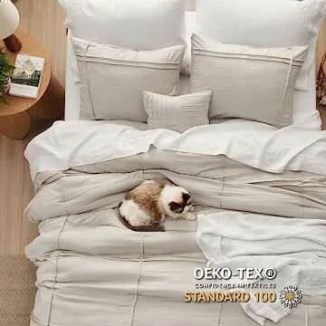 Bedsure California King Comforter Set - 4 Pieces Grid Pleat Bed Set, Beige Boho Bedding for All Season, 1 Soft Comforter, 2 Pillowcases, 1 Decorative Pillow