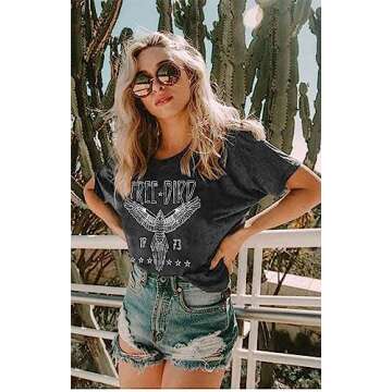 Vintage Rock Band T-Shirt Woman Retro Bird Shirt Eagle Graphic Tees Retro Music Shirt Casual Short Sleeve Tops Grey